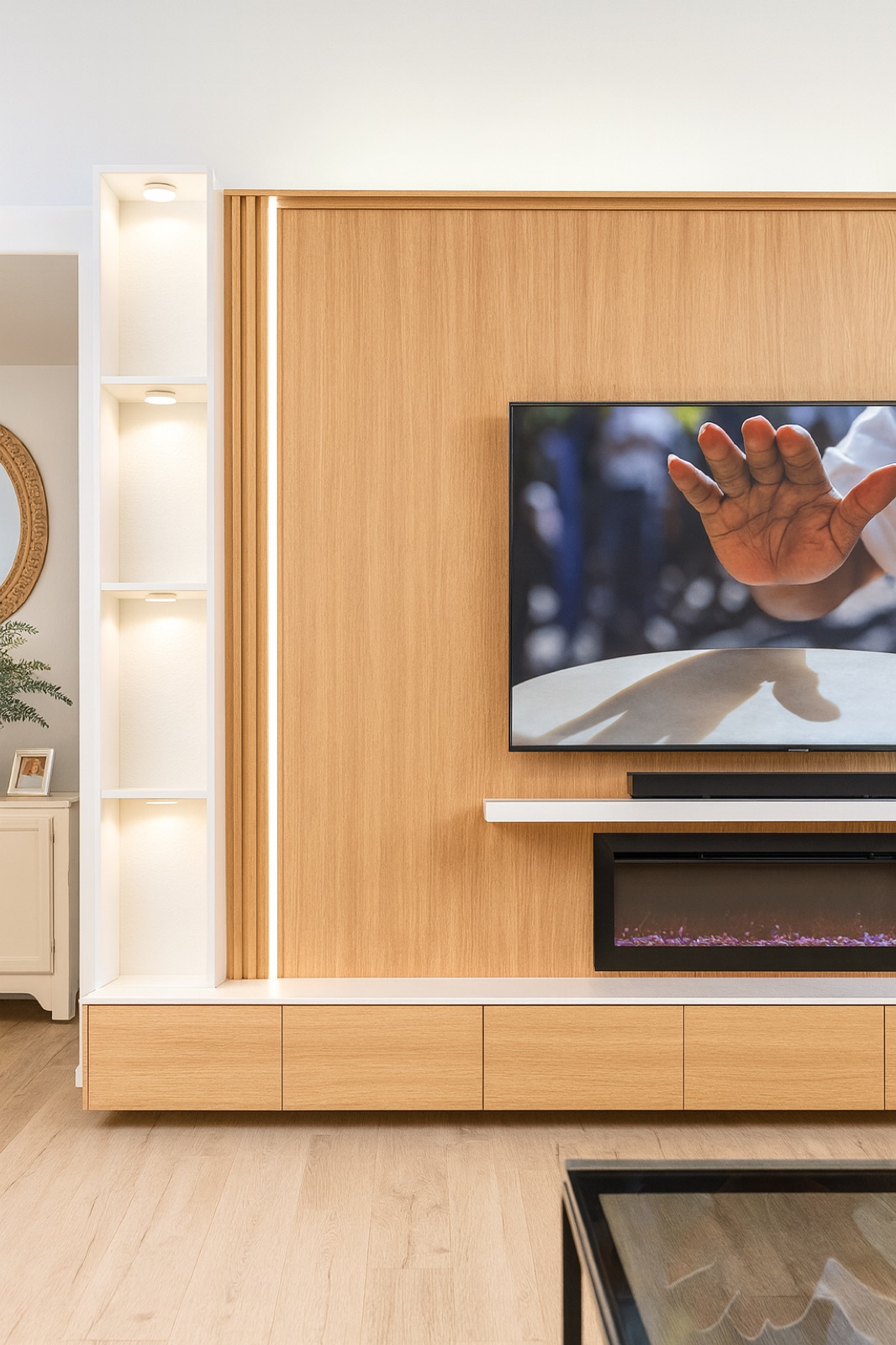 Wood slat panel wall with built-in LED lighting