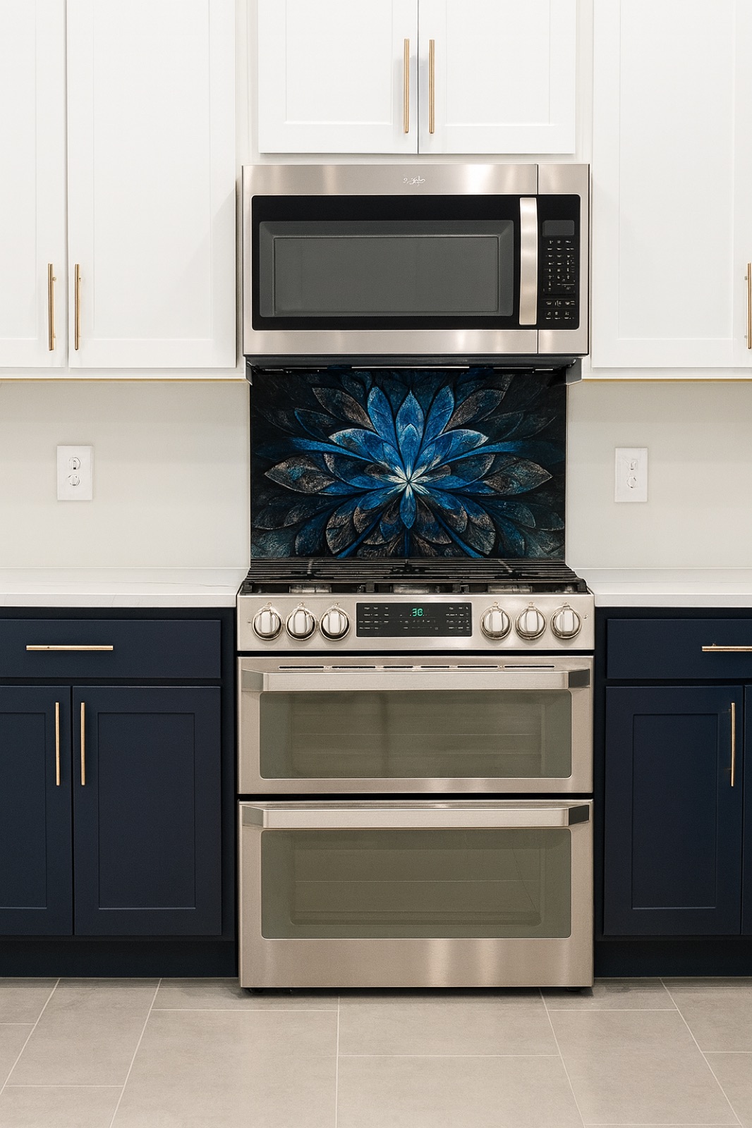 Navy kitchen with gold mandala backsplash